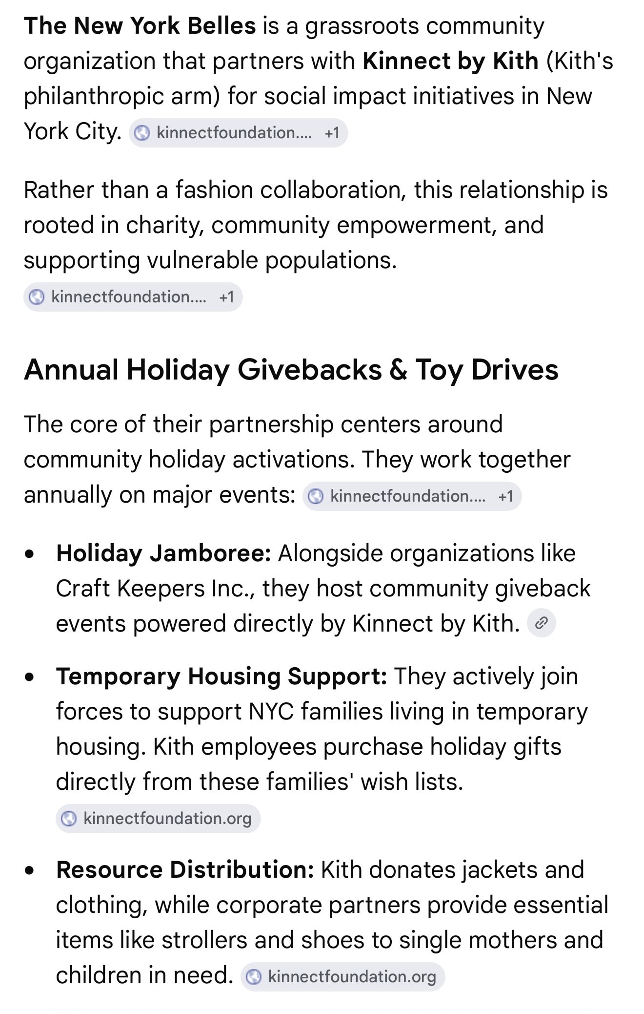 The New York Belles and Kinnect by Kith — collaboration overview including Holiday Jamboree, Temporary Housing Support, and Resource Distribution