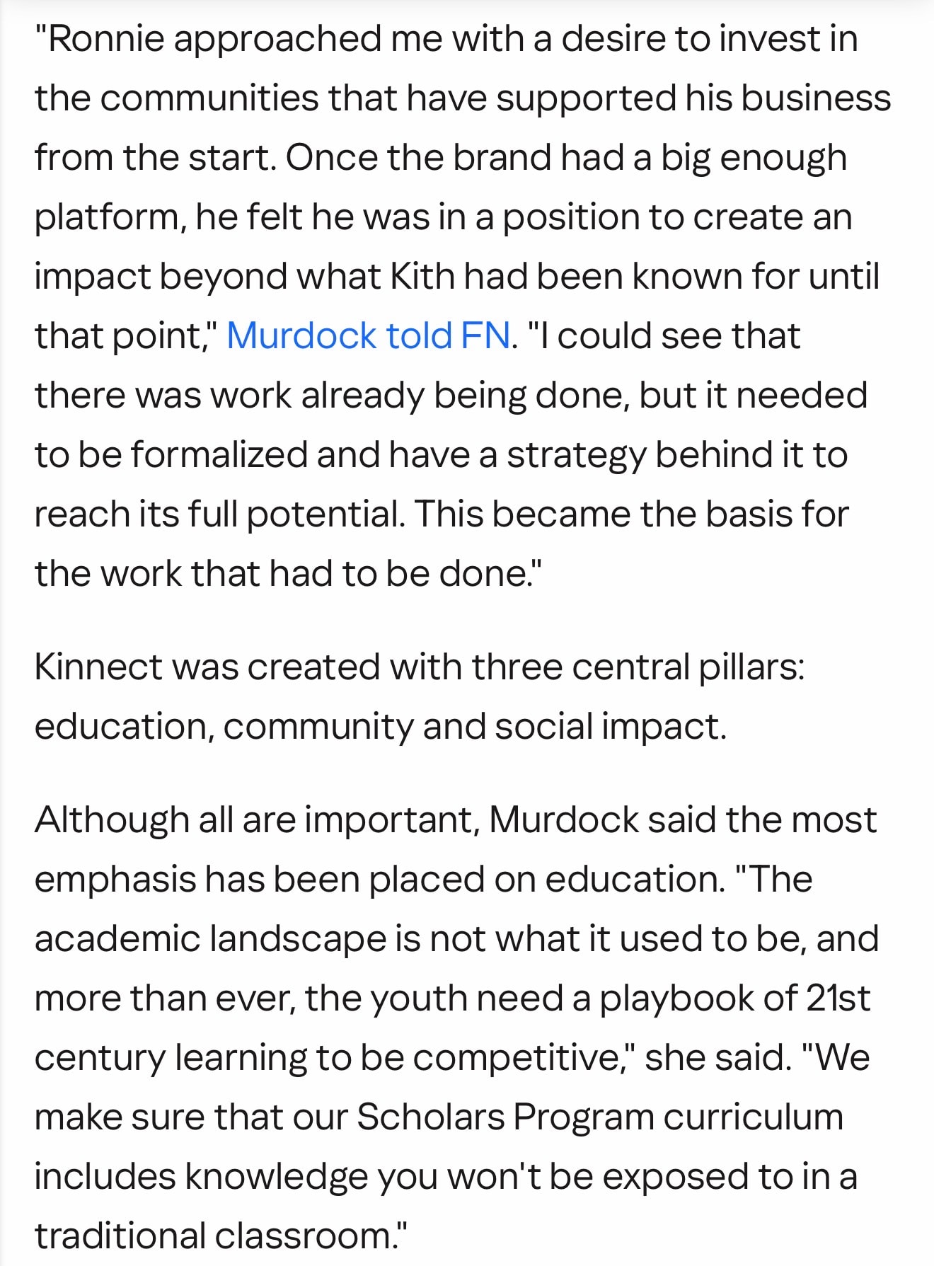 Kinnect by Kith — mission and three central pillars: education, community, social impact