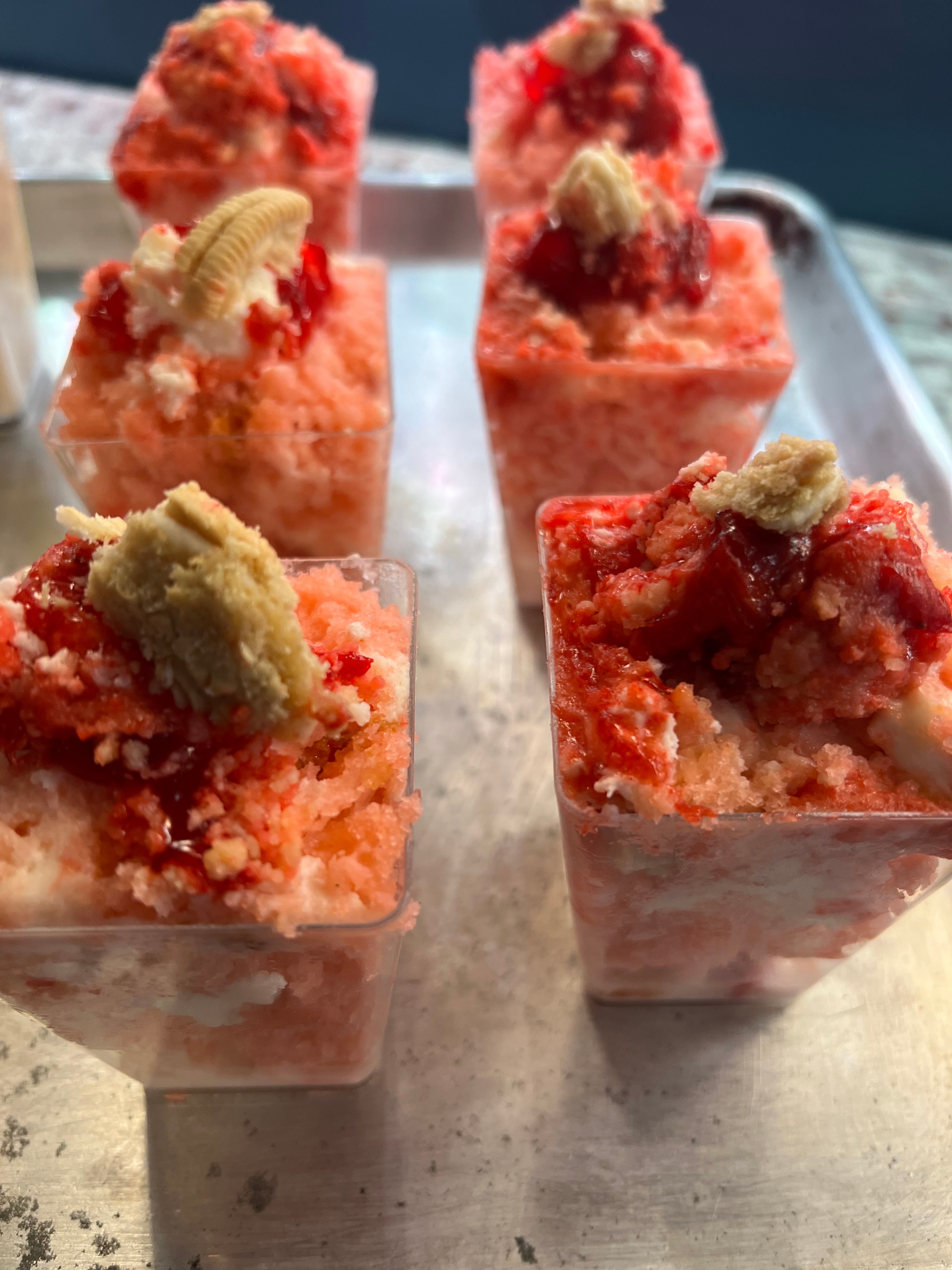 Strawberry shortcake bites with cookie crumble in individual clear cups — Dr. Bea signature dessert