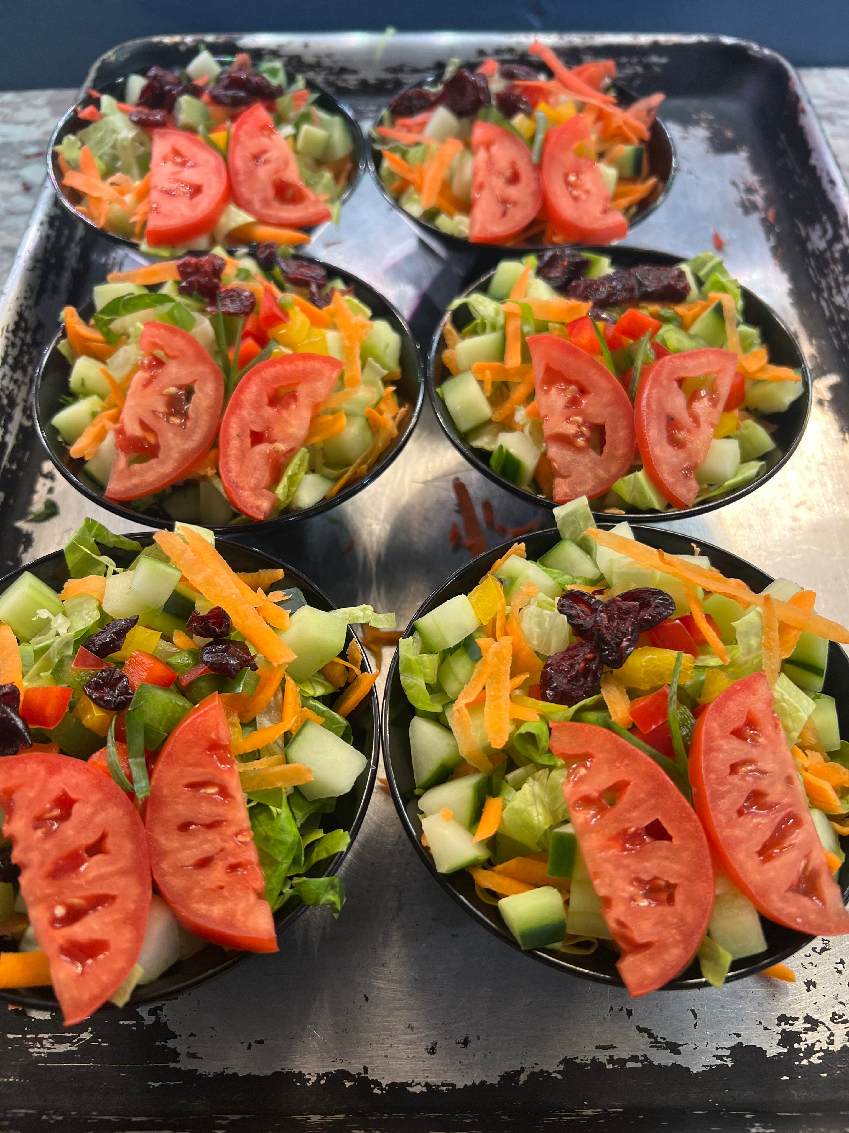 Individual garden salad bowls with tomato, carrot, cucumber and cranberries — Dr. Bea catering