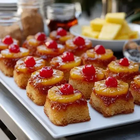 Pineapple upside-down cake squares with maraschino cherries